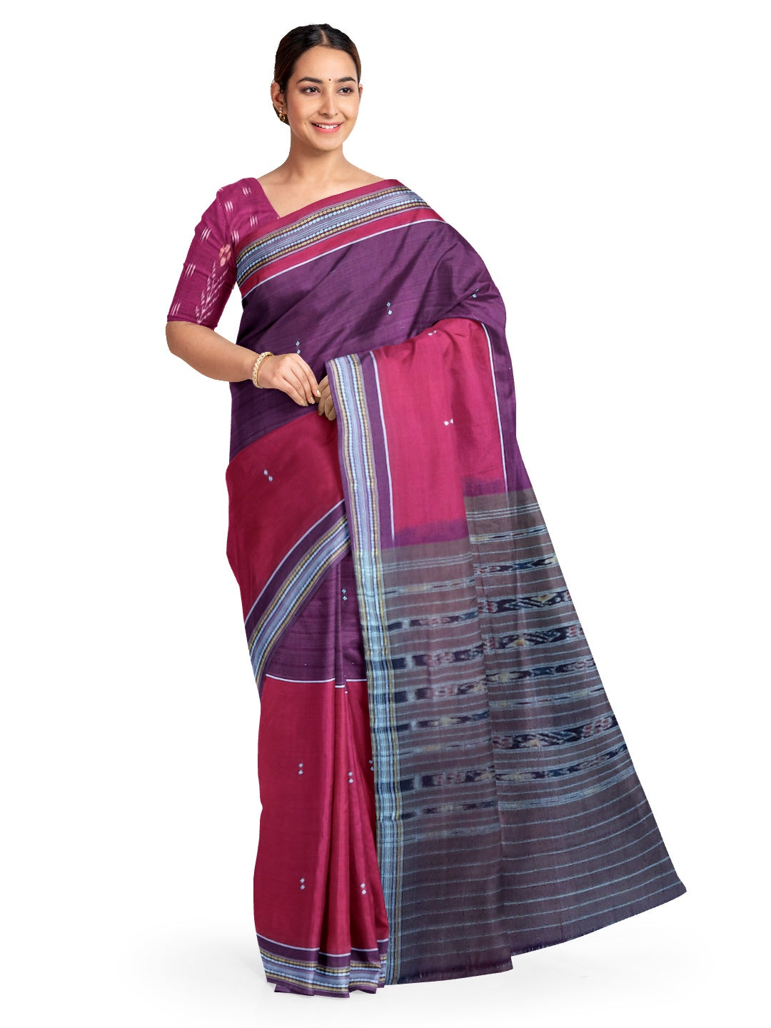 Violet Pink Cotton Odisha Ikat saree  with mix match cotton ikat blouse