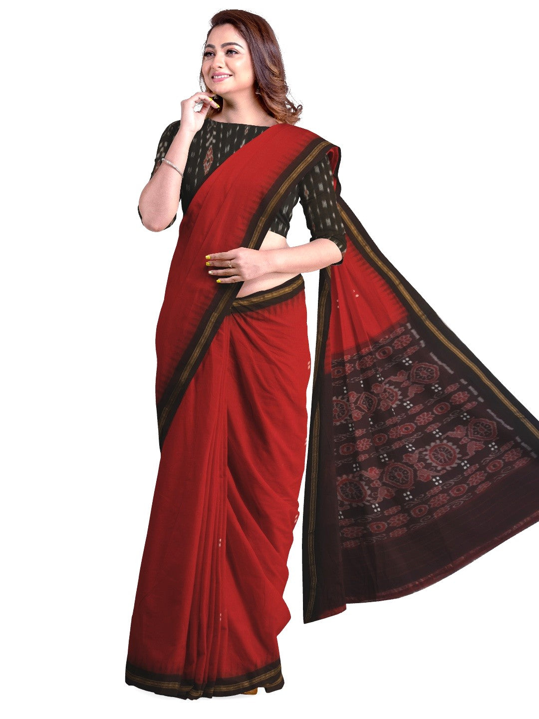Red Ekphulia Pattern Odisha Ikat Cotton Saree with cotton ikat blouse piece