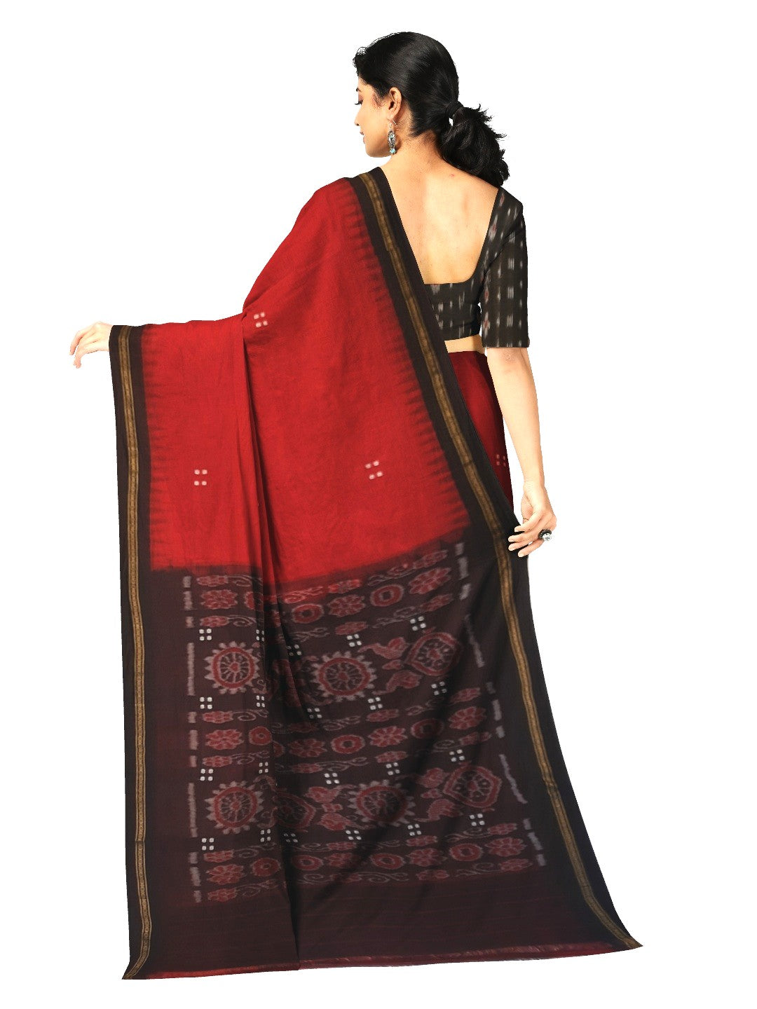 Red Ekphulia Pattern Odisha Ikat Cotton Saree with cotton ikat blouse piece