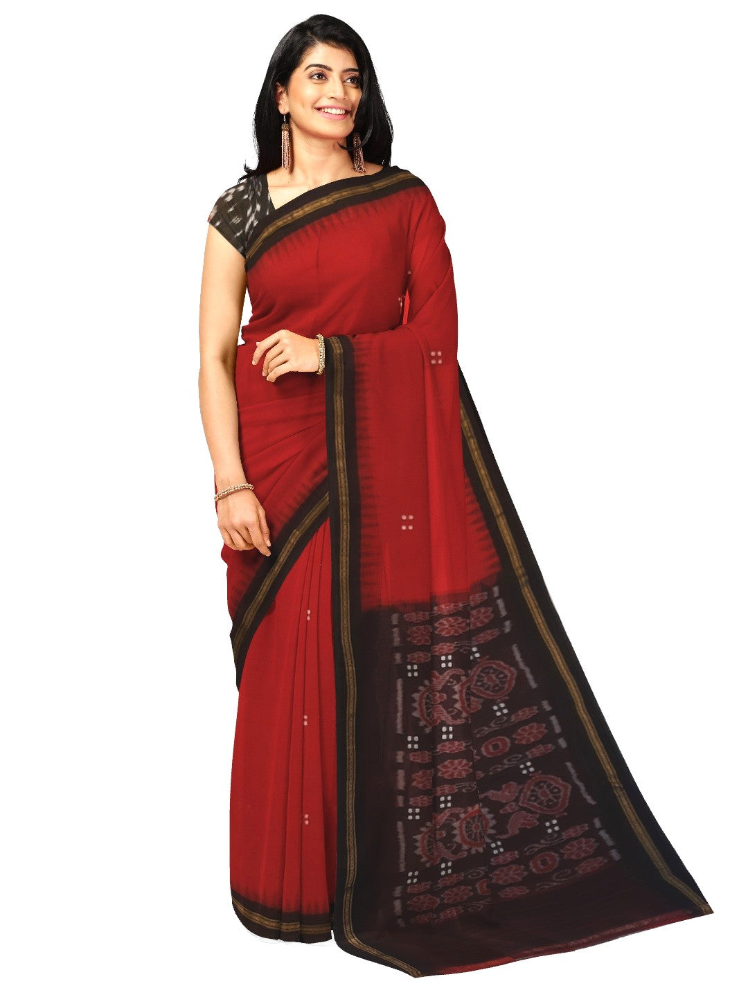 Red Ekphulia Pattern Odisha Ikat Cotton Saree with cotton ikat blouse piece