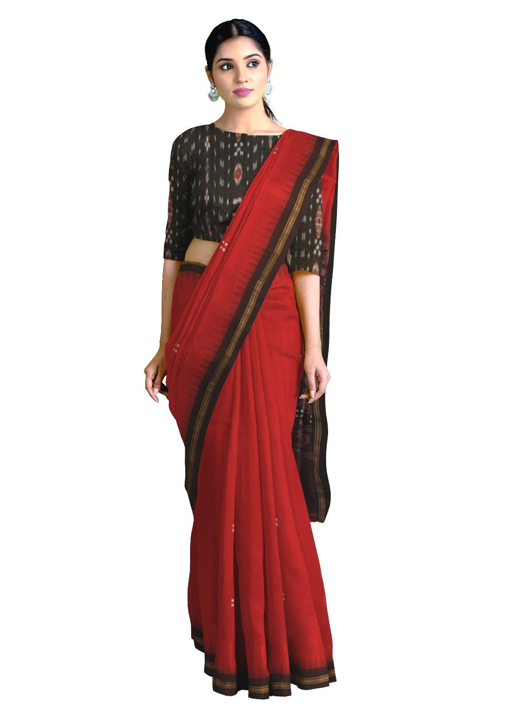 Red Ekphulia Pattern Odisha Ikat Cotton Saree with cotton ikat blouse piece