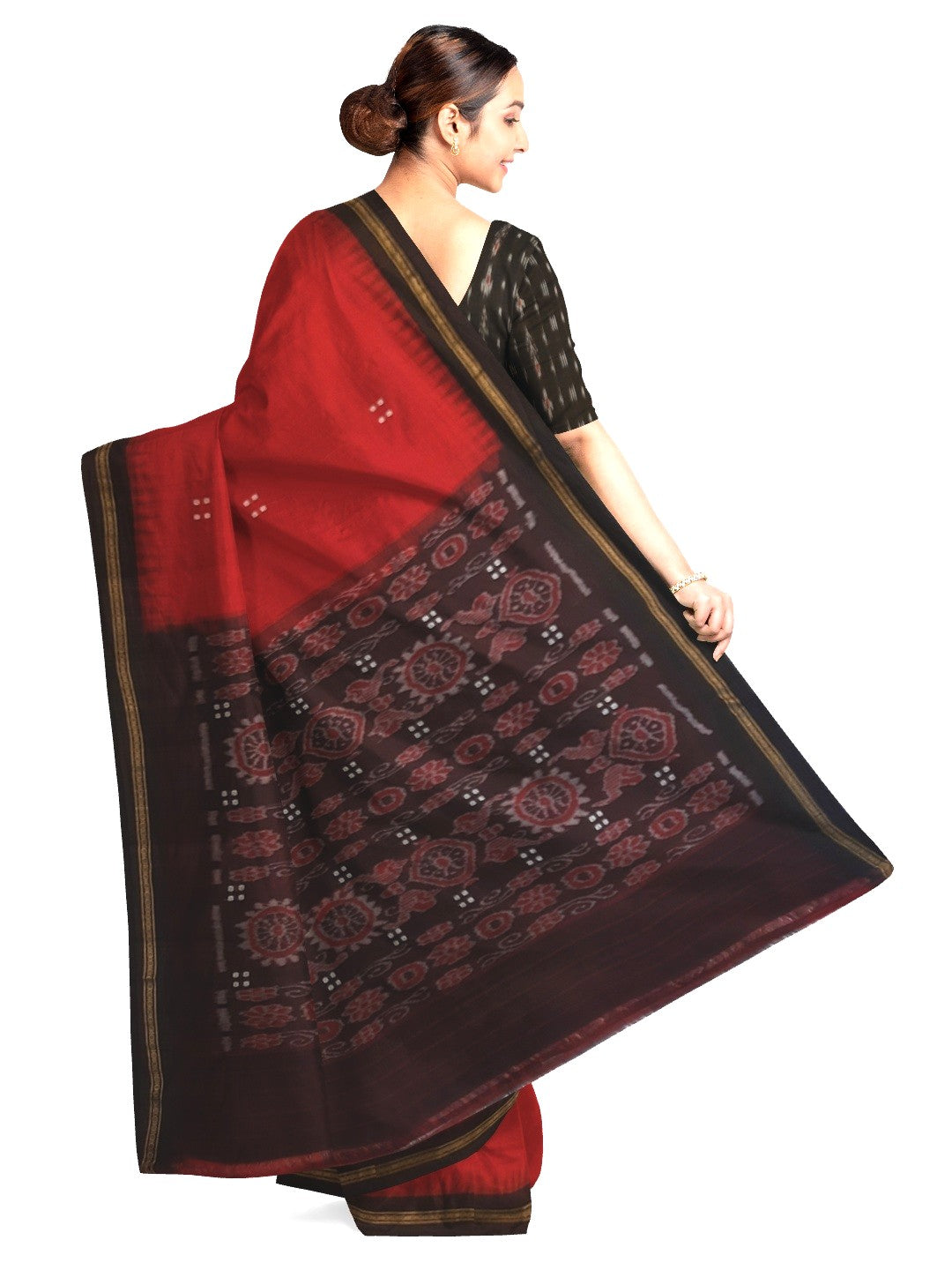 Red Ekphulia Pattern Odisha Ikat Cotton Saree with cotton ikat blouse piece