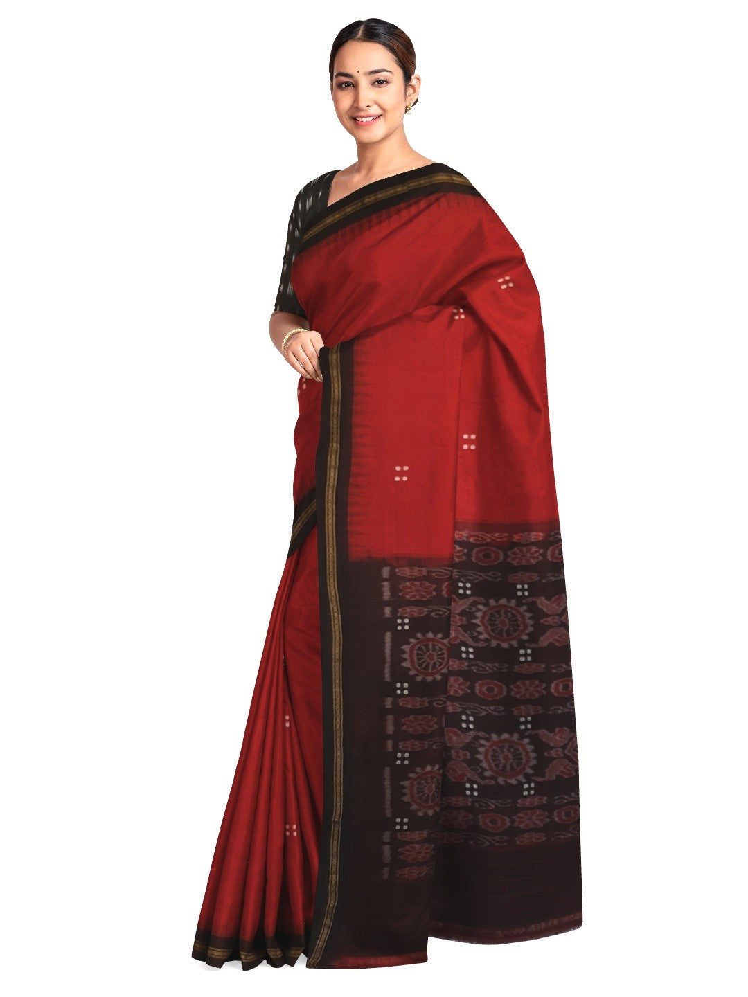 Red Ekphulia Pattern Odisha Ikat Cotton Saree with cotton ikat blouse piece