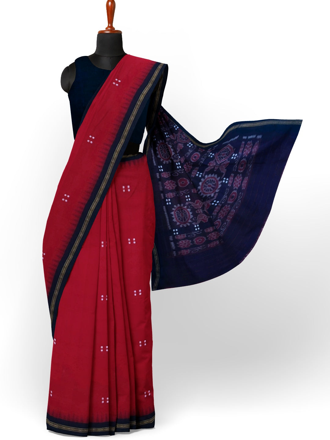 Red Ekphulia Pattern Odisha Ikat Cotton Saree with cotton ikat blouse piece