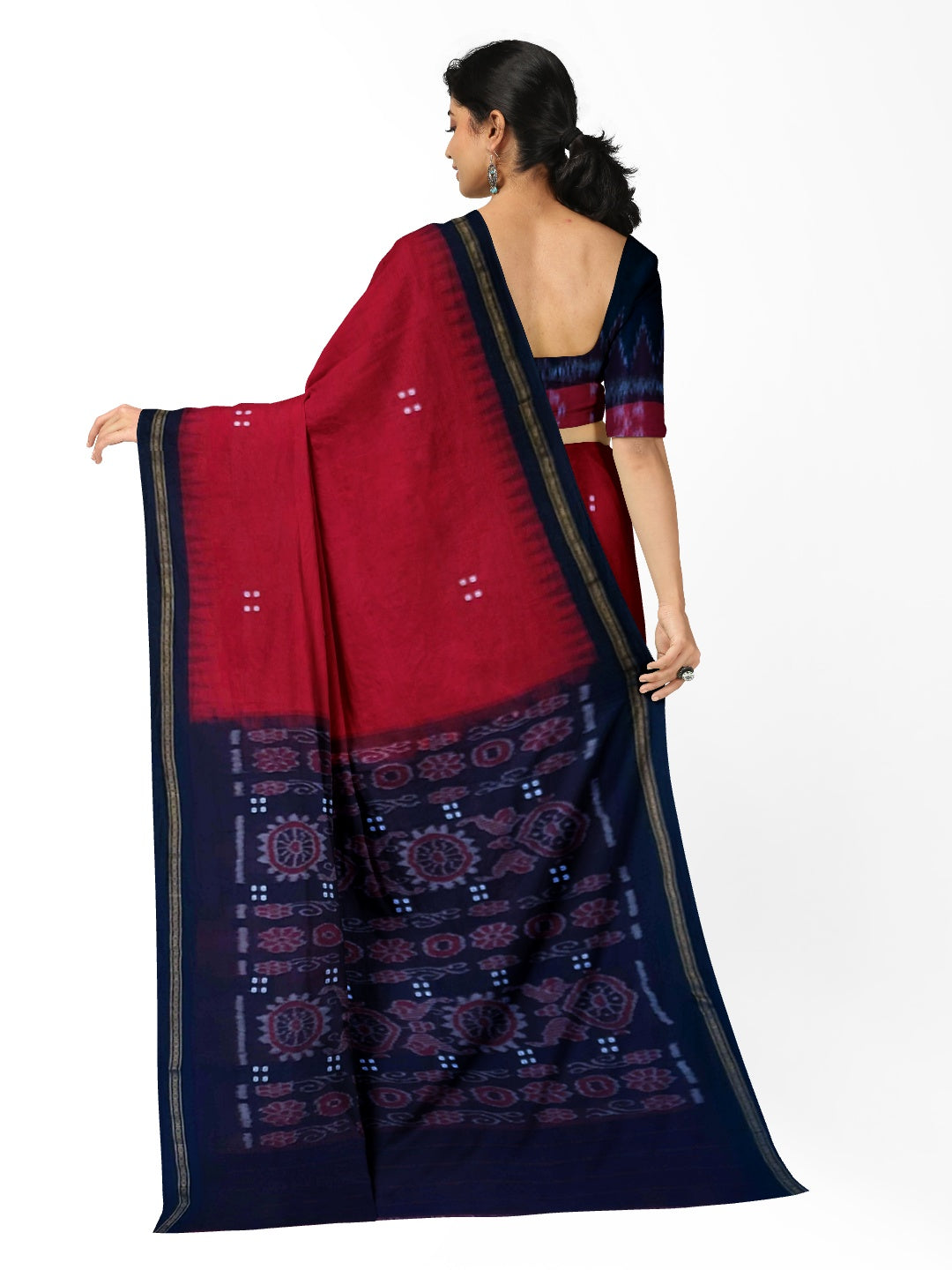 Red Ekphulia Pattern Odisha Ikat Cotton Saree with cotton ikat blouse piece