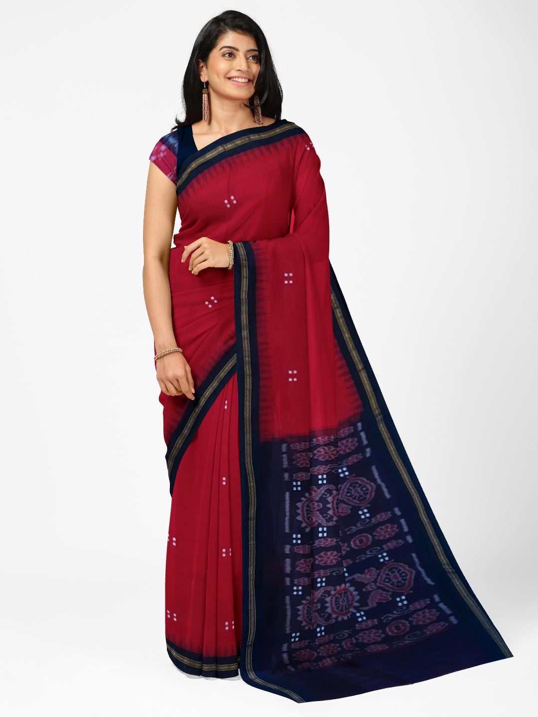 Red Ekphulia Pattern Odisha Ikat Cotton Saree with cotton ikat blouse piece