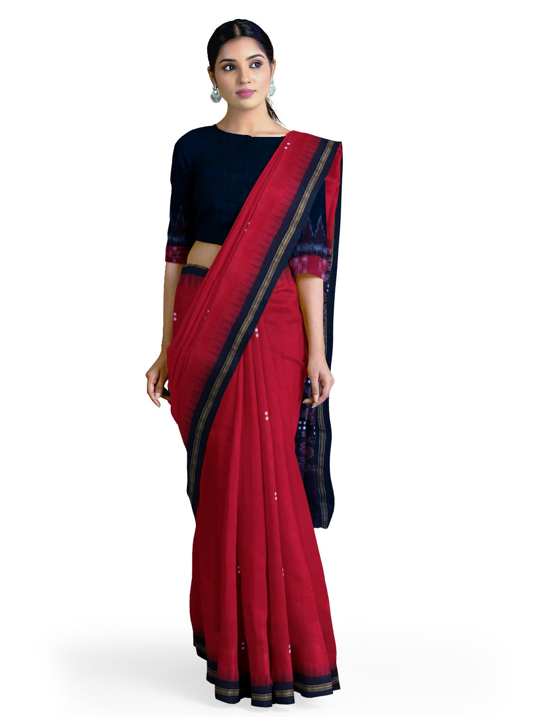 Red Ekphulia Pattern Odisha Ikat Cotton Saree with cotton ikat blouse piece