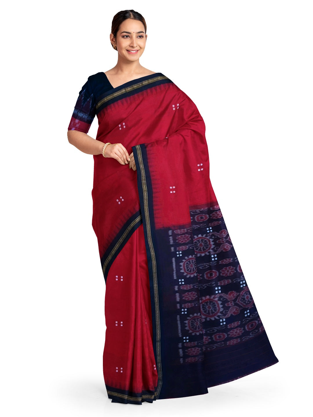 Red Ekphulia Pattern Odisha Ikat Cotton Saree with cotton ikat blouse piece