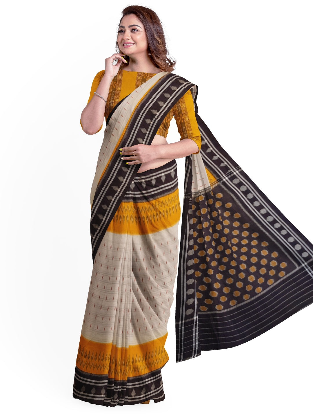 Off-white Cotton Odisha Ikat saree  with mix match cotton ikat blouse piece