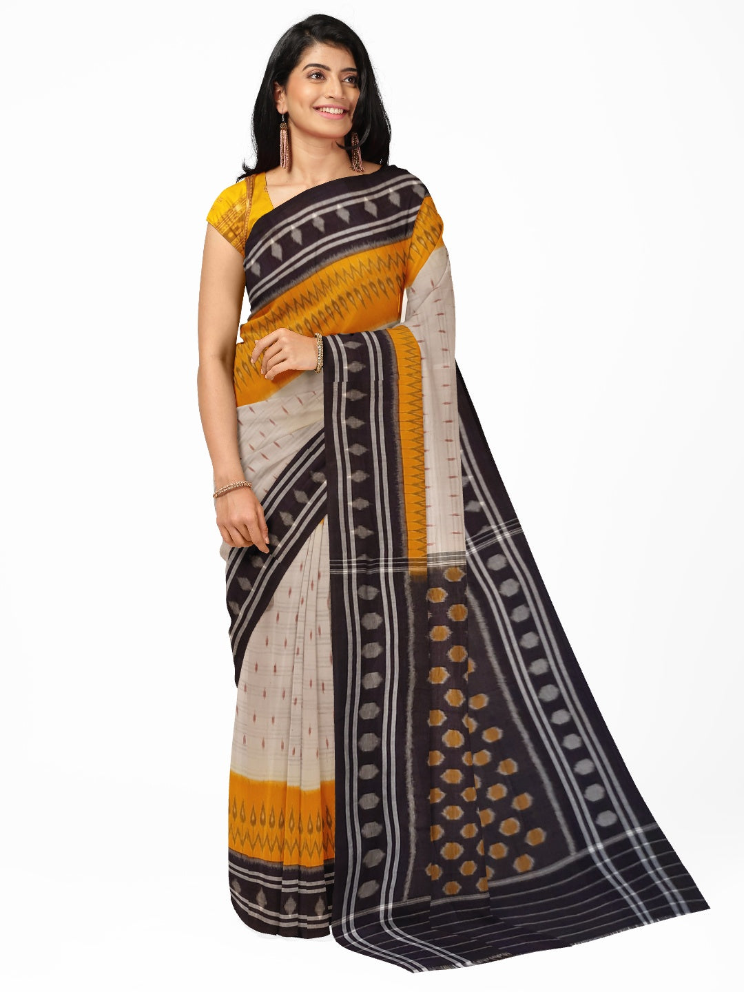 Off-white Cotton Odisha Ikat saree  with mix match cotton ikat blouse piece
