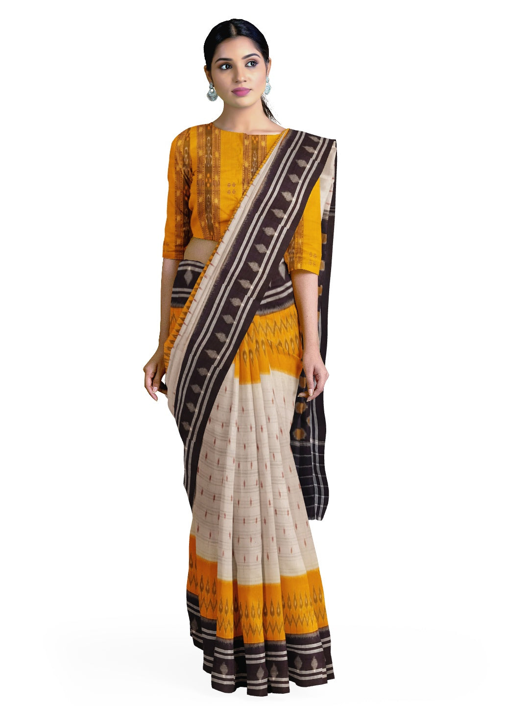 Off-white Cotton Odisha Ikat saree  with mix match cotton ikat blouse piece