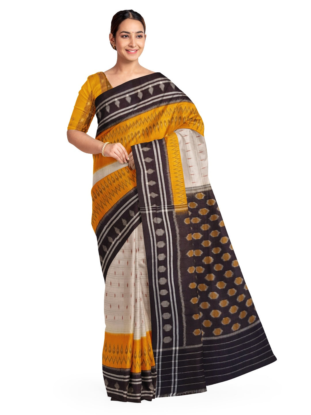 Off-white Cotton Odisha Ikat saree  with mix match cotton ikat blouse piece