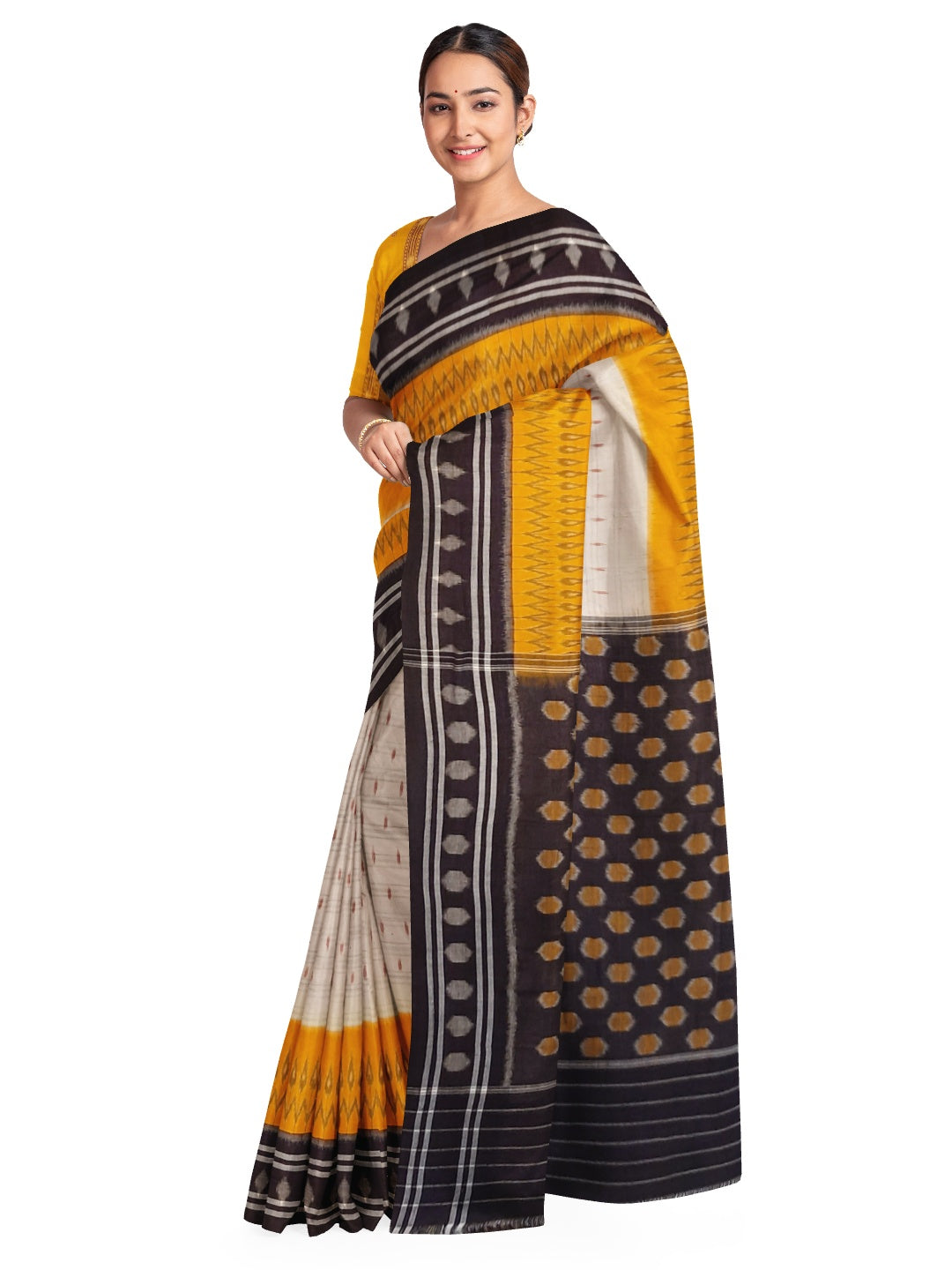 Off-white Cotton Odisha Ikat saree  with mix match cotton ikat blouse piece