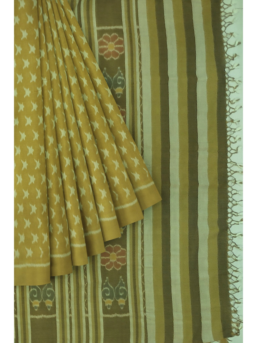 Mustard Green Cotton Odisha Ikat saree  with mix match cotton ikat blouse piece