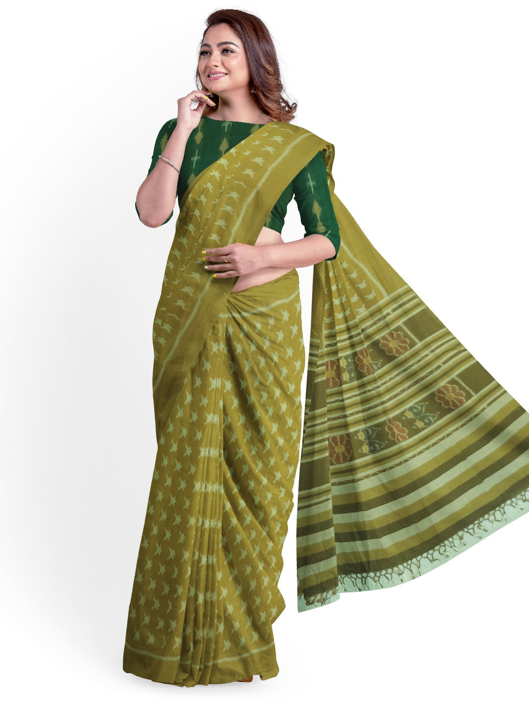 Mustard Green Cotton Odisha Ikat saree  with mix match cotton ikat blouse piece