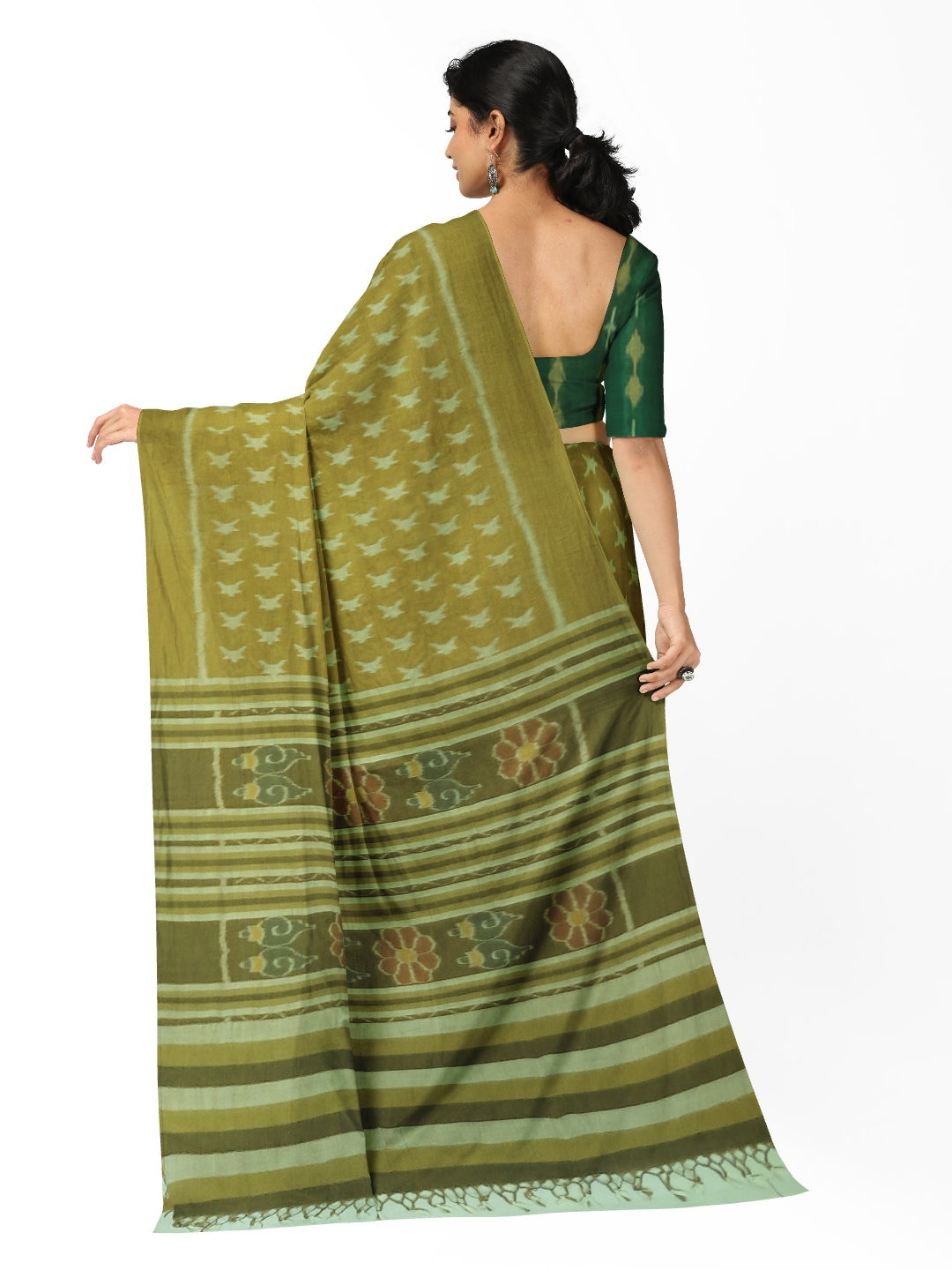Mustard Green Cotton Odisha Ikat saree  with mix match cotton ikat blouse piece