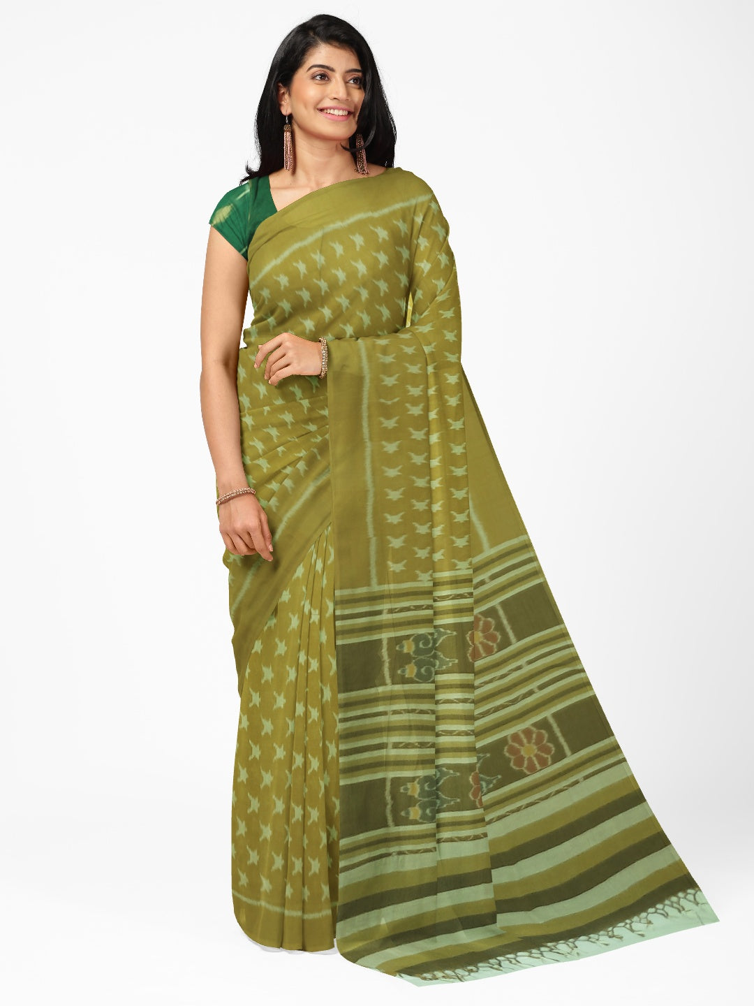 Mustard Green Cotton Odisha Ikat saree  with mix match cotton ikat blouse piece