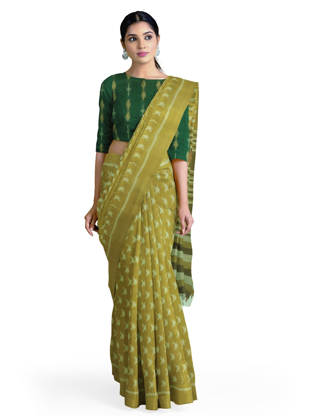 Mustard Green Cotton Odisha Ikat saree  with mix match cotton ikat blouse piece