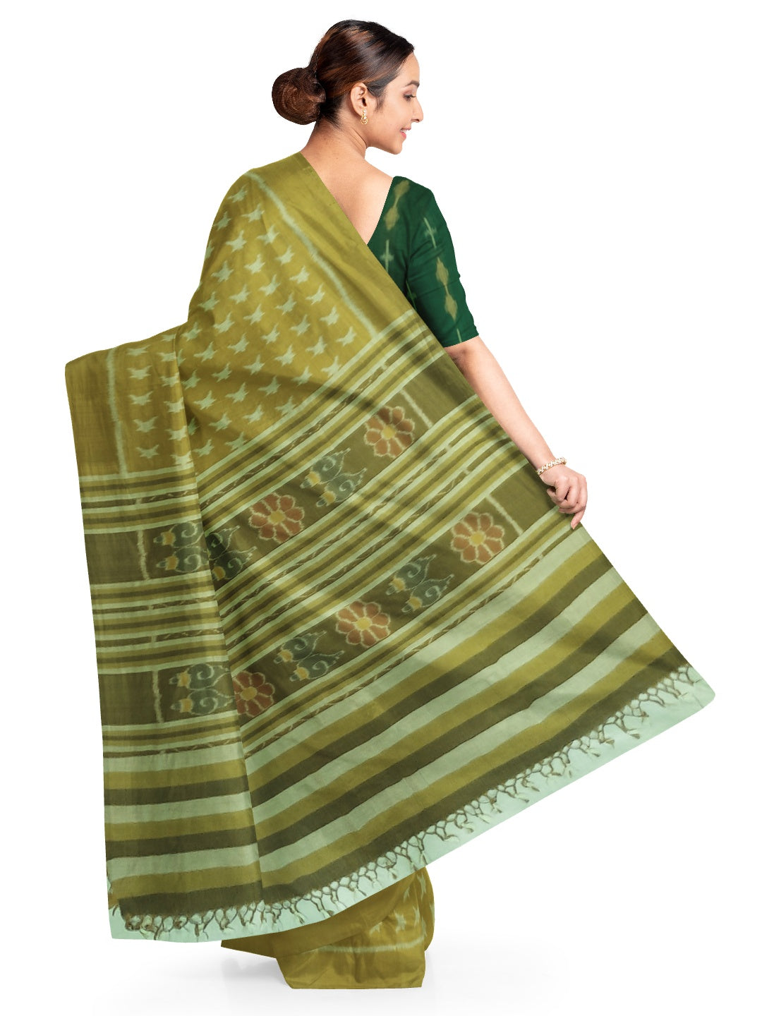 Mustard Green Cotton Odisha Ikat saree  with mix match cotton ikat blouse piece