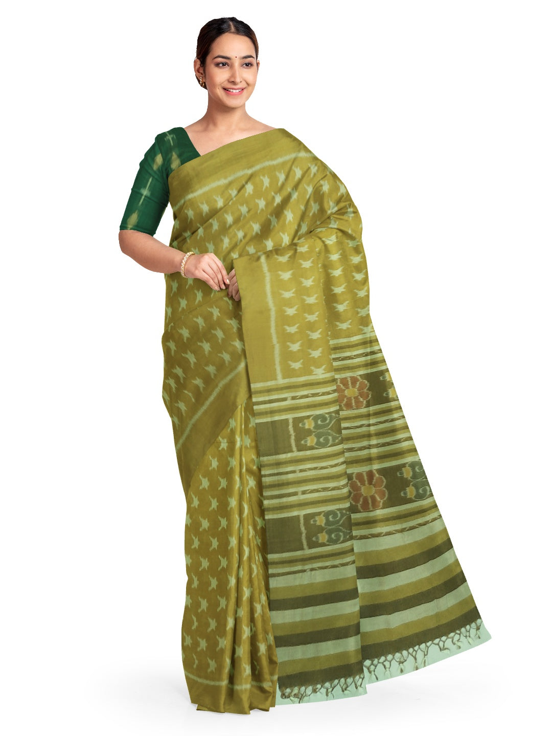 Mustard Green Cotton Odisha Ikat saree  with mix match cotton ikat blouse piece