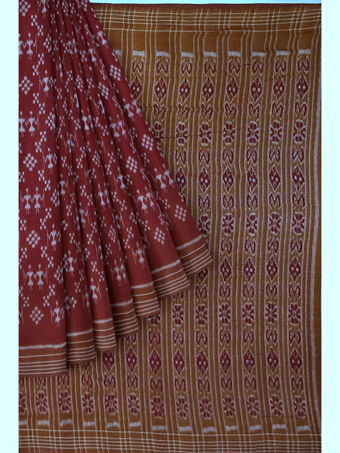 Maroon cotton ikat wide border Saree with cotton ikat blouse piece