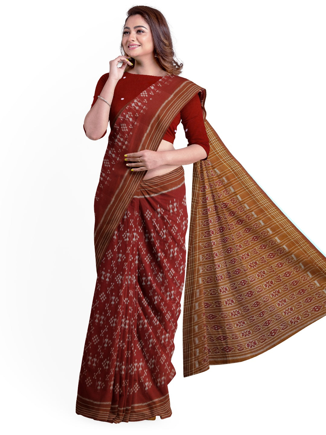Maroon cotton ikat wide border Saree with cotton ikat blouse piece