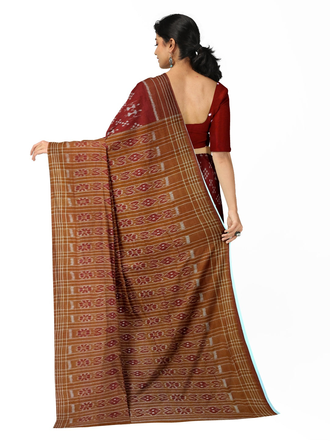 Maroon cotton ikat wide border Saree with cotton ikat blouse piece