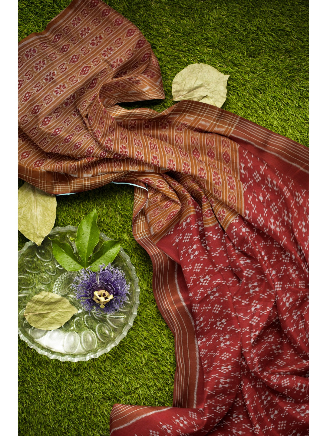 Maroon cotton ikat wide border Saree with cotton ikat blouse piece