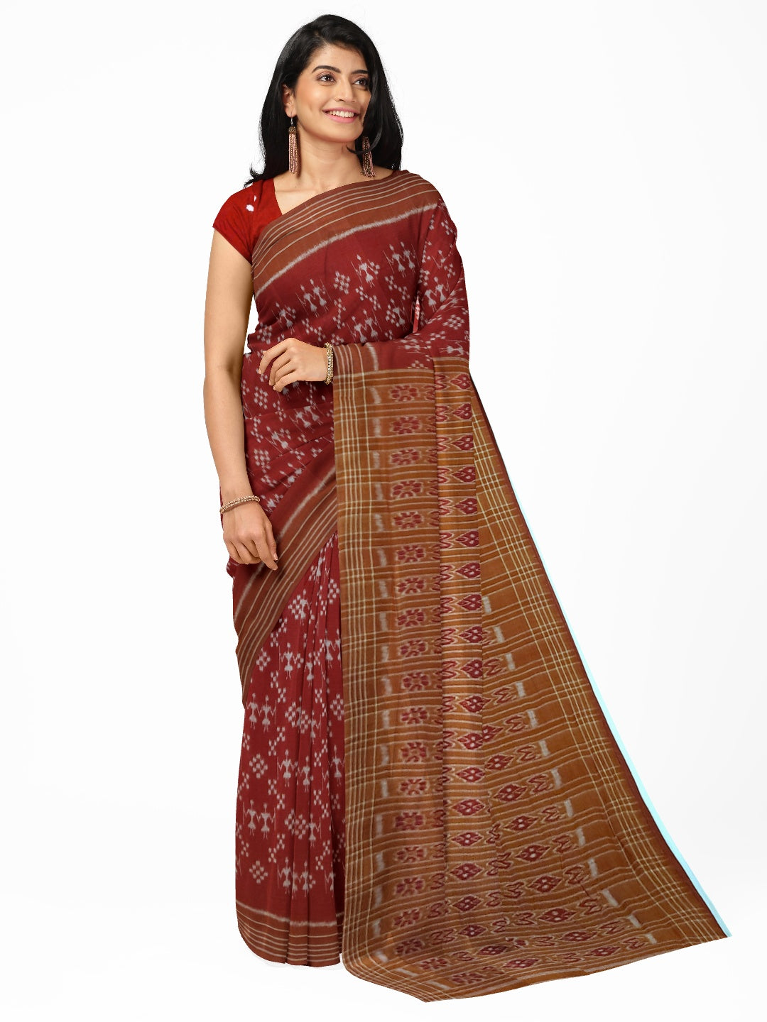 Maroon cotton ikat wide border Saree with cotton ikat blouse piece
