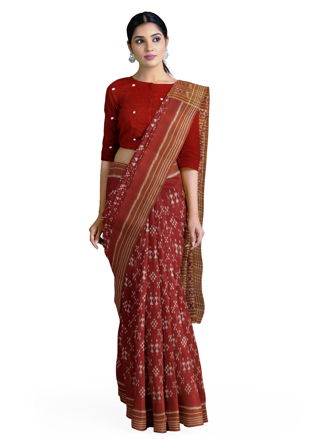 Maroon cotton ikat wide border Saree with cotton ikat blouse piece