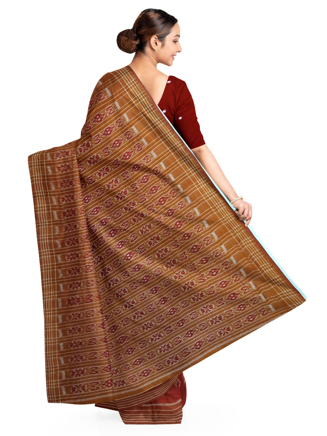 Maroon cotton ikat wide border Saree with cotton ikat blouse piece