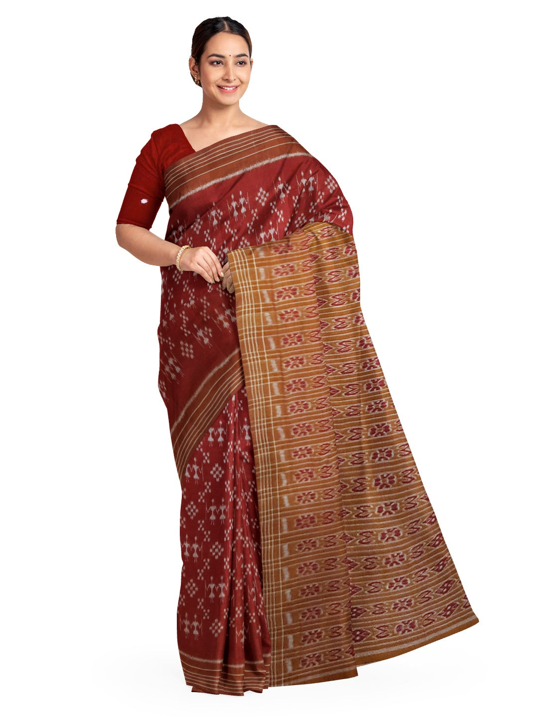 Maroon cotton ikat wide border Saree with cotton ikat blouse piece