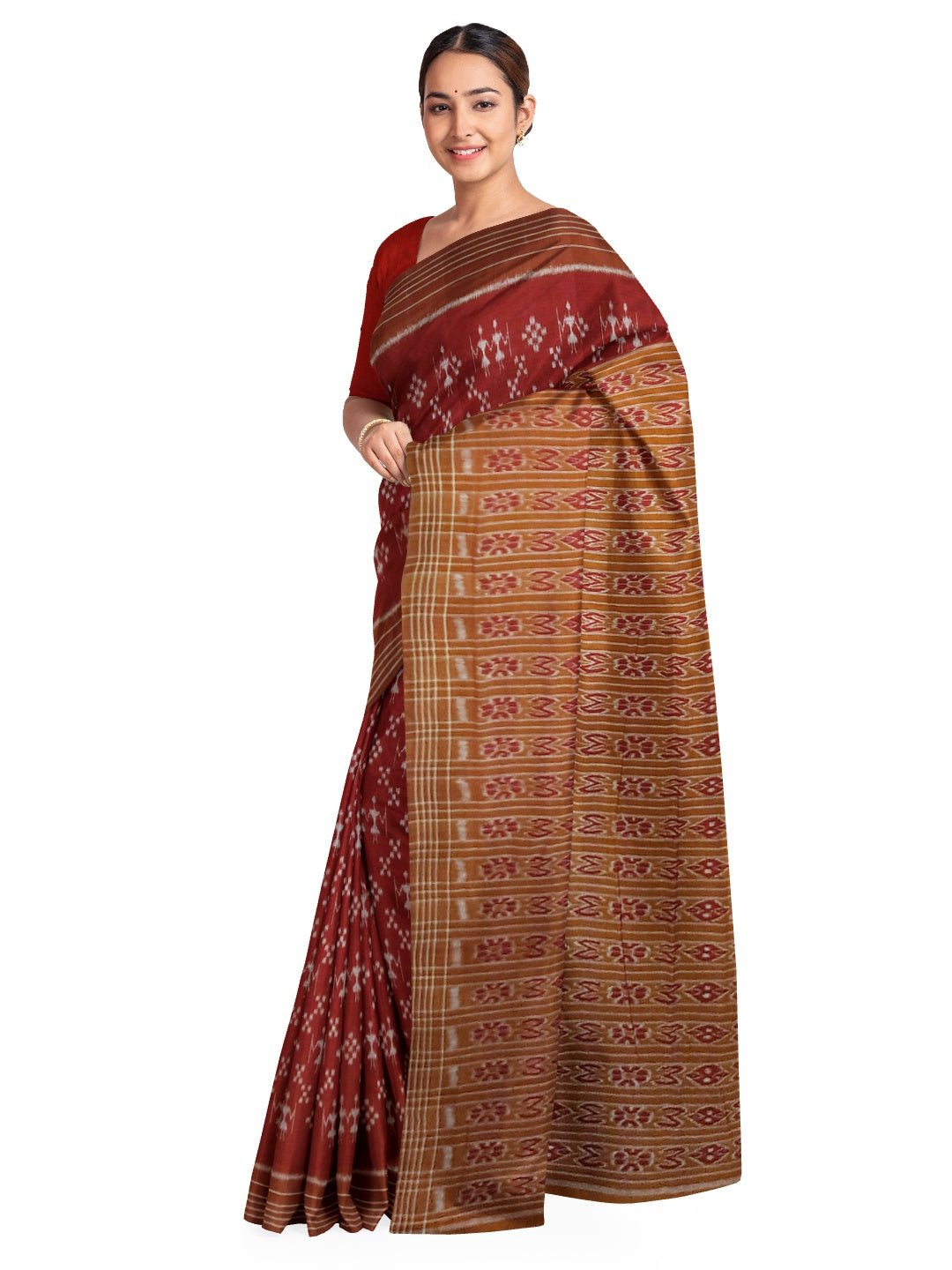 Maroon cotton ikat wide border Saree with cotton ikat blouse piece