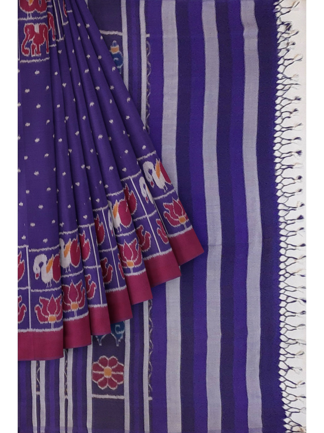 Blue cotton ikat wide border Saree with mix match cotton ikat blouse piece