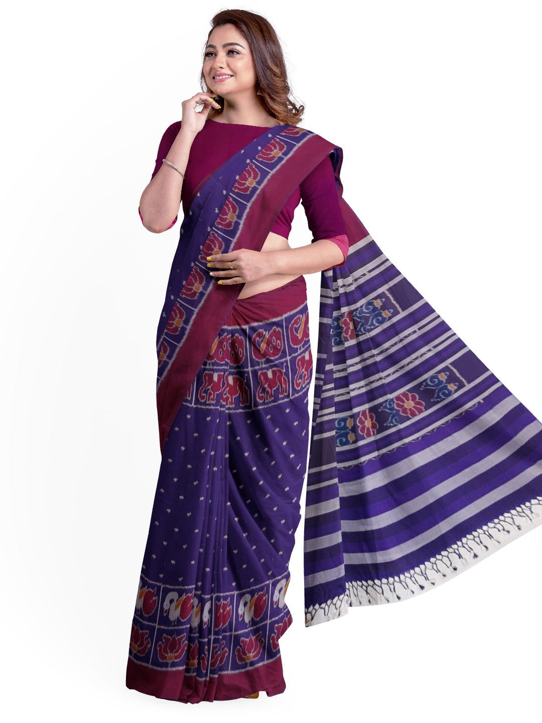 Blue cotton ikat wide border Saree with mix match cotton ikat blouse piece