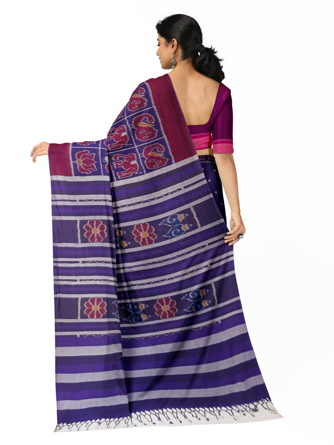 Blue cotton ikat wide border Saree with mix match cotton ikat blouse piece