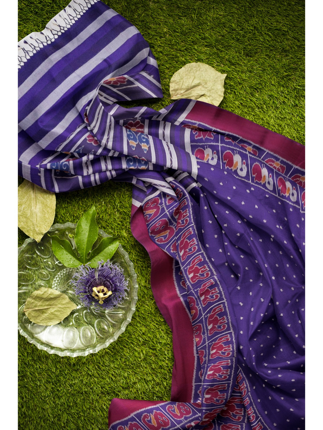 Blue cotton ikat wide border Saree with mix match cotton ikat blouse piece