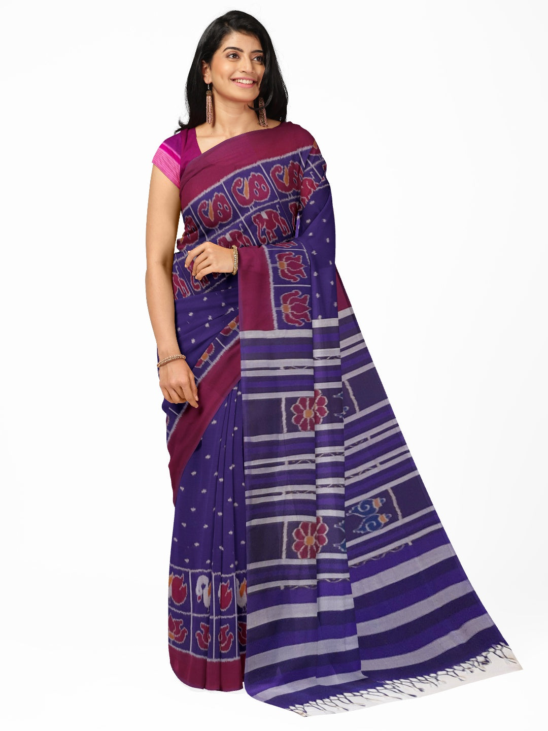 Blue cotton ikat wide border Saree with mix match cotton ikat blouse piece