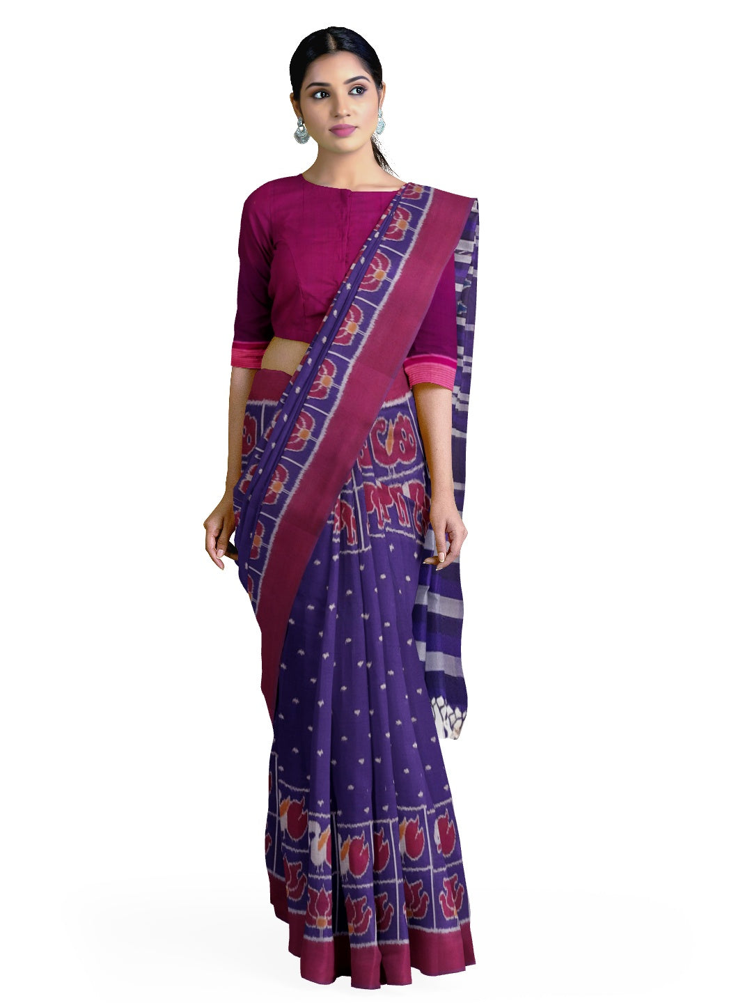 Blue cotton ikat wide border Saree with mix match cotton ikat blouse piece