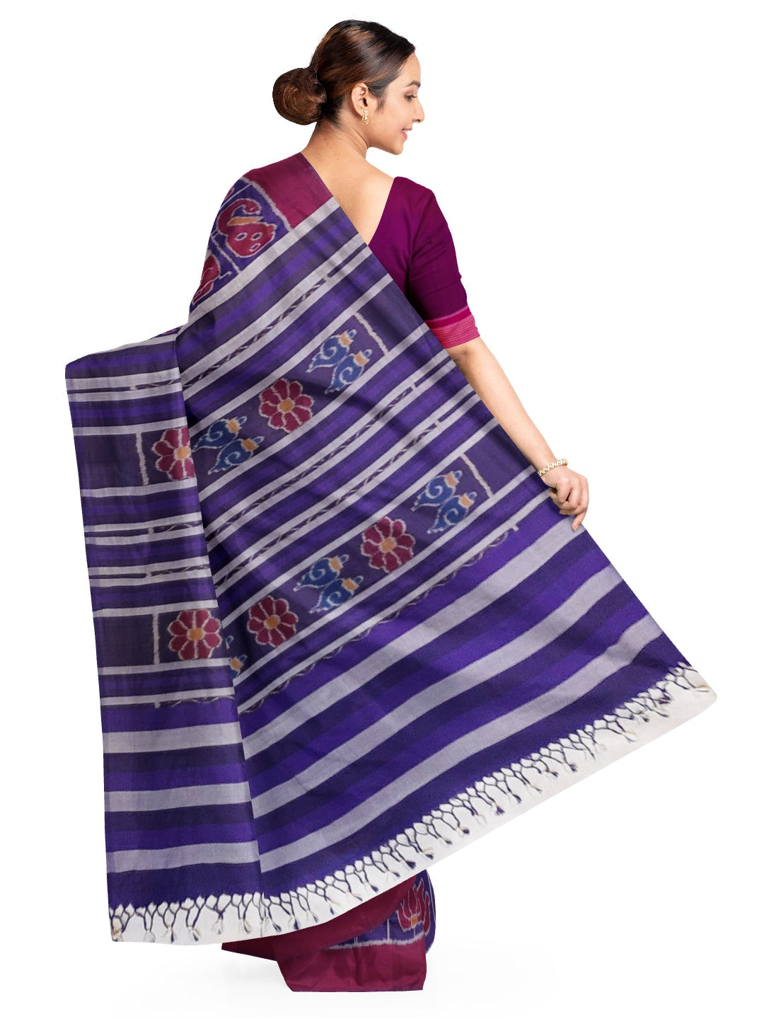 Blue cotton ikat wide border Saree with mix match cotton ikat blouse piece