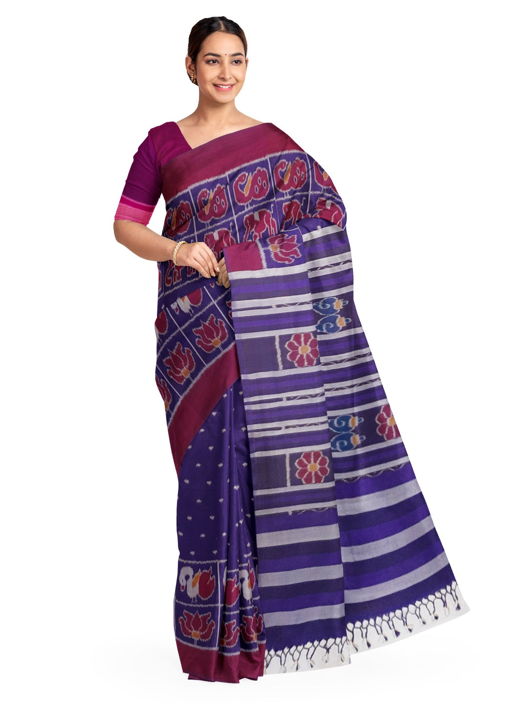 Blue cotton ikat wide border Saree with mix match cotton ikat blouse piece