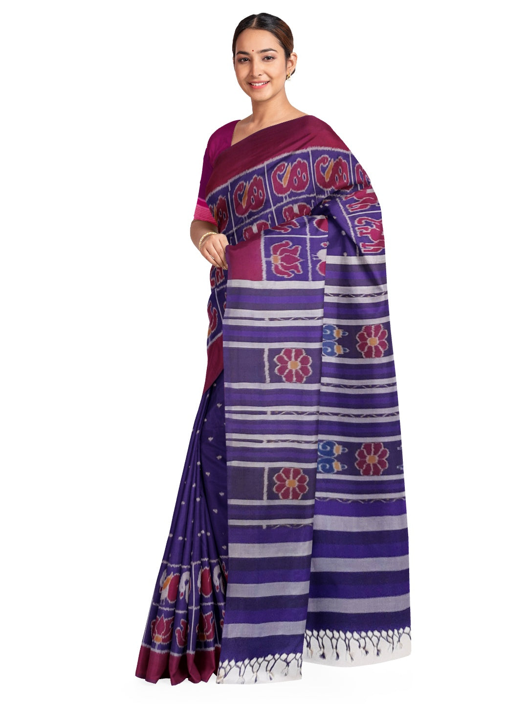 Blue cotton ikat wide border Saree with mix match cotton ikat blouse piece