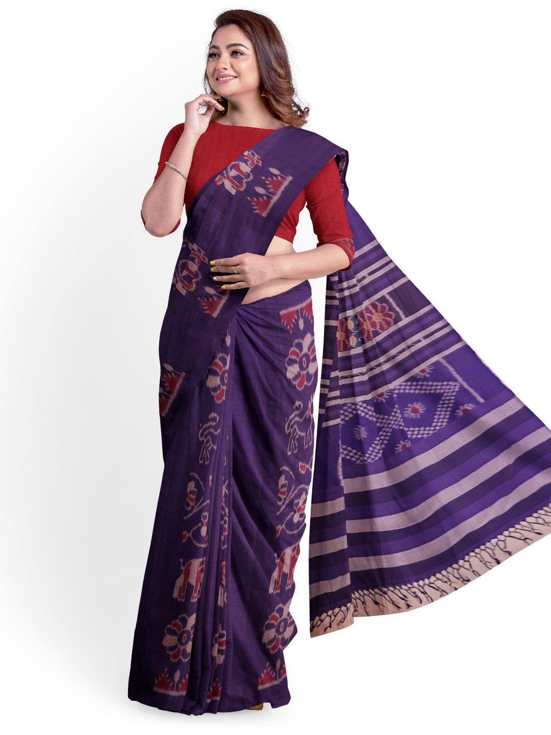 Blue cotton ikat wide border Saree with mix match cotton ikat blouse piece