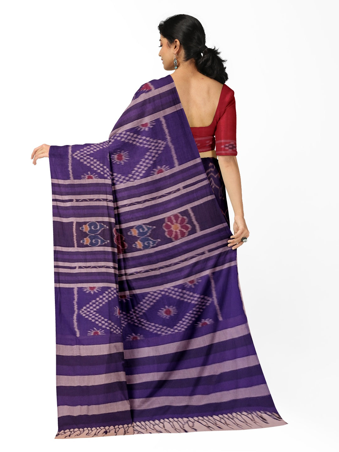 Blue cotton ikat wide border Saree with mix match cotton ikat blouse piece