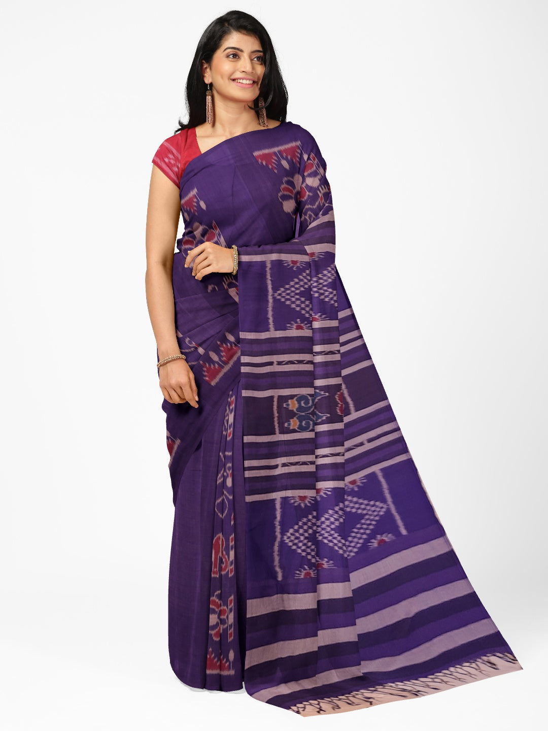 Blue cotton ikat wide border Saree with mix match cotton ikat blouse piece