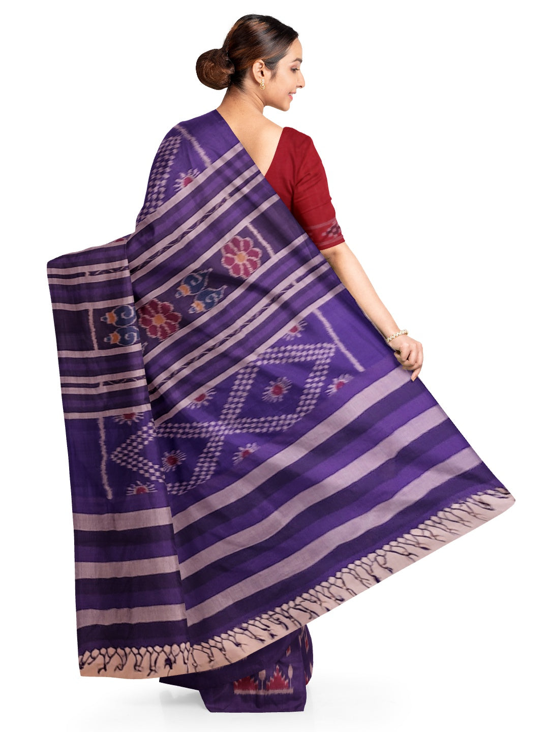 Blue cotton ikat wide border Saree with mix match cotton ikat blouse piece