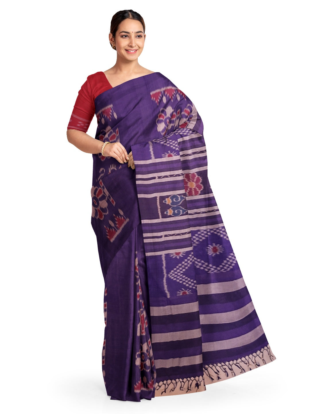 Blue cotton ikat wide border Saree with mix match cotton ikat blouse piece
