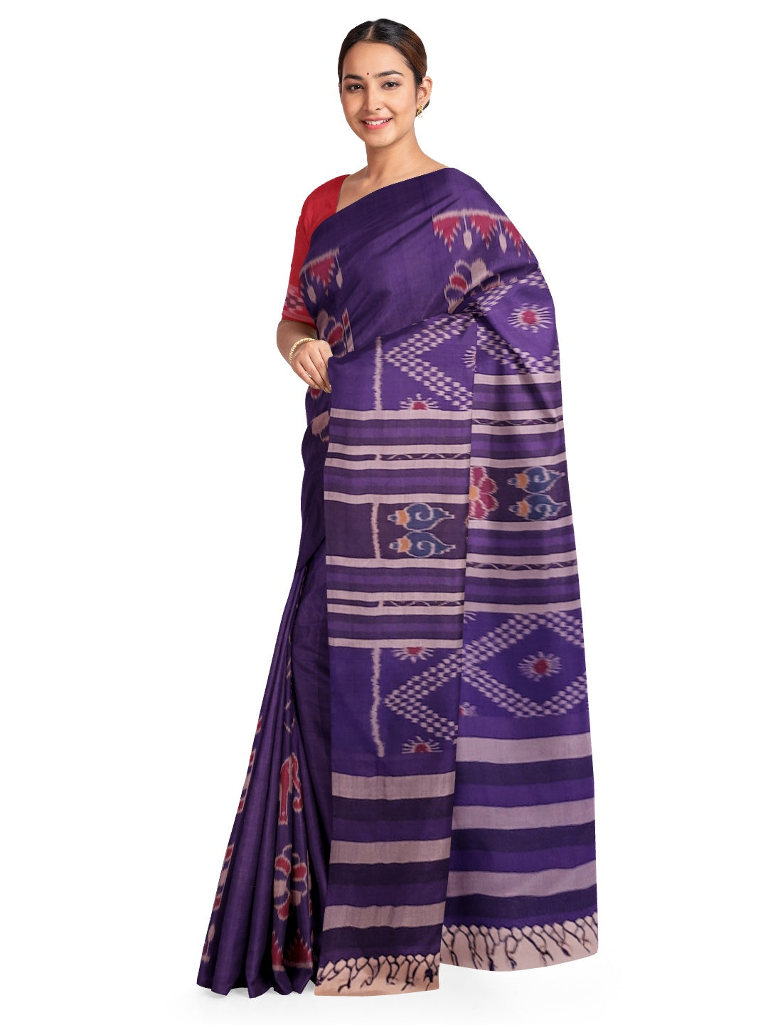 Blue cotton ikat wide border Saree with mix match cotton ikat blouse piece