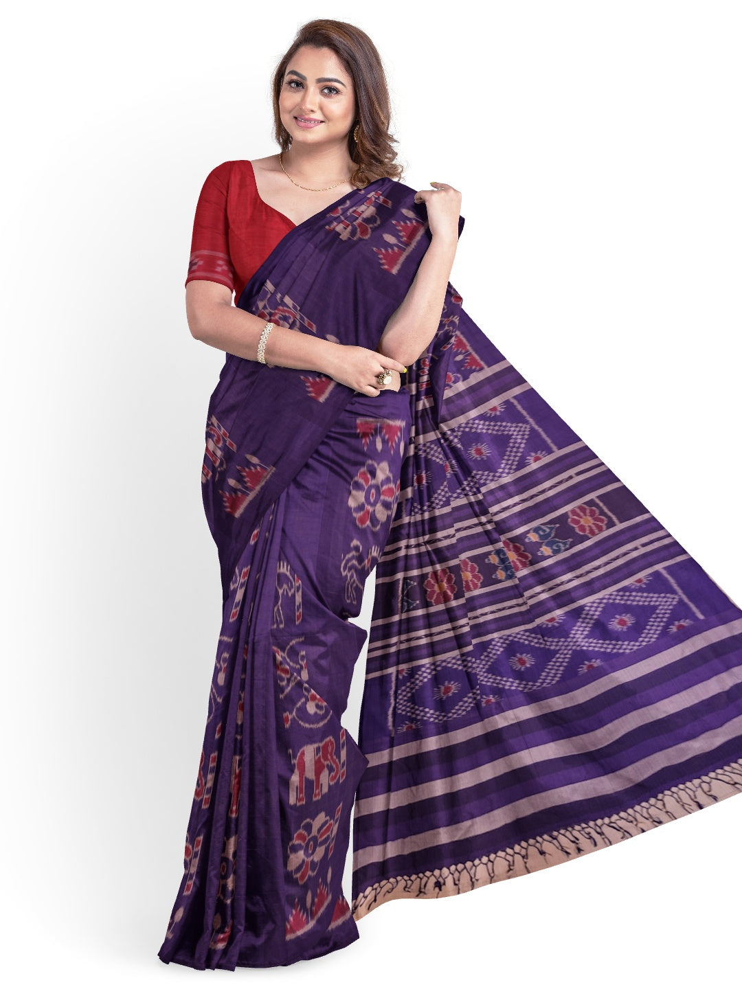 Blue cotton ikat wide border Saree with mix match cotton ikat blouse piece