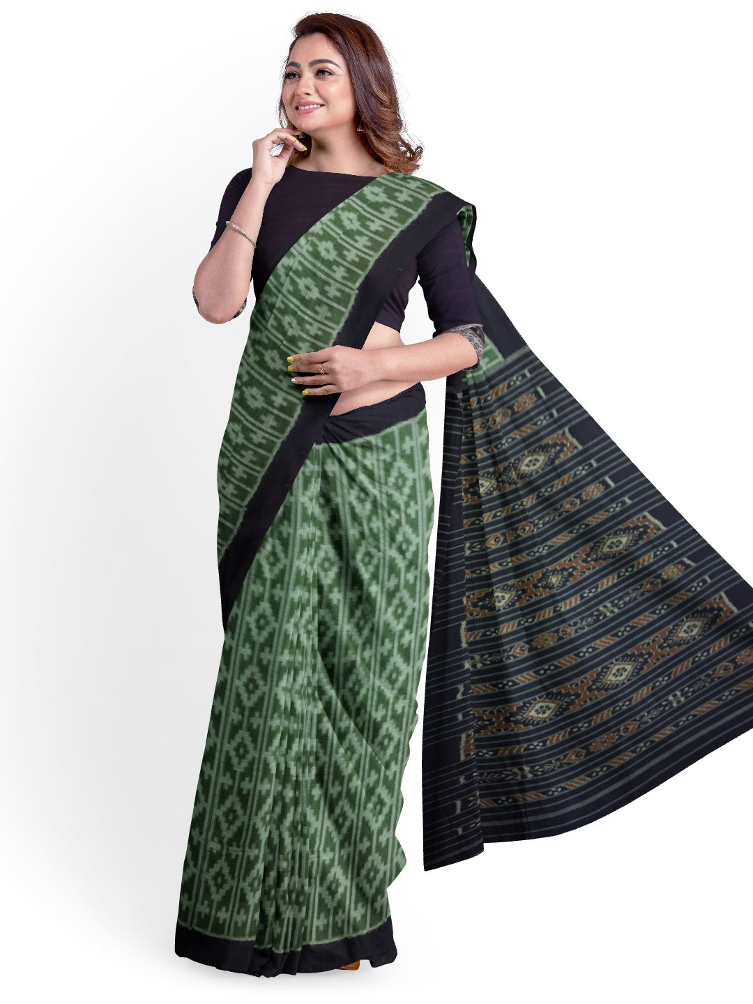 Green Cotton Odisha Ikat saree with mix match cotton ikat blouse piece